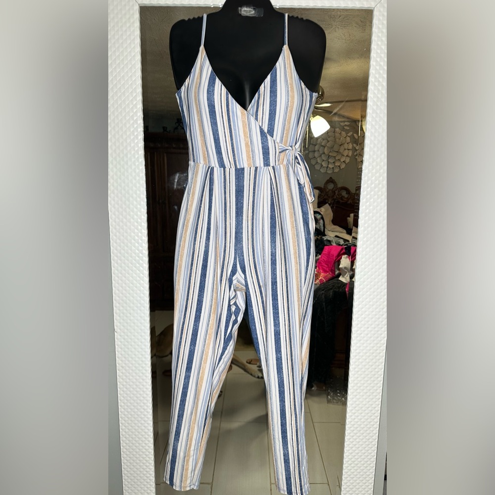 Striped Blue & White Wrap Jumpsuit
